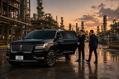 Lincoln Navigator with the official Lavish Ride logo on the license plate as a chauffeur opens the rear door for a business client at a Houston refinery.