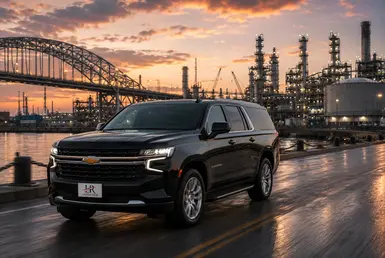 Chevrolet Suburban with the official Lavish Ride logo on the license plate driving past Houston's industrial waterfront and refinery district at sunset.