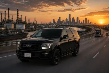 Black Ford Expedition with the official Lavish Ride logo on the license plate traveling through Houston's industrial refinery corridor at sunset.
