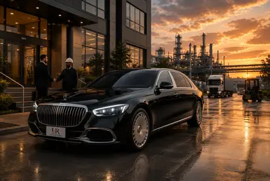 Black Mercedes-Maybach with the official Lavish Ride logo on the license plate outside a Houston industrial facility as a business executive meets a refinery manager.