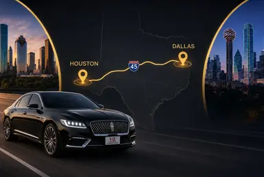 Infographic-style map showing the luxury intercity route between Houston and Dallas along I-45, featuring a premium black sedan with Lavish Ride branding, skyline visuals, estimated travel time, and distance details.
