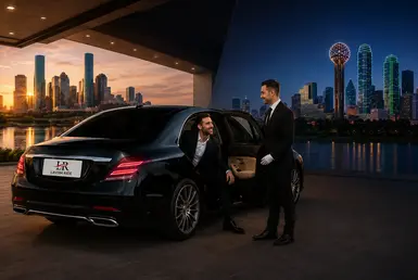 Professional chauffeur opening the door of a luxury black sedan with Lavish Ride branding for a passenger during private Houston to Dallas transportation service, with upscale city skyline backgrounds and premium travel atmosphere.