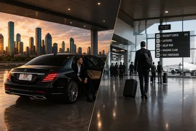 Luxury chauffeur service compared with airport travel, featuring a black executive sedan and an airport terminal with directional signs.