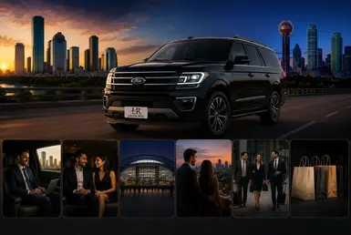 Luxury chauffeur transportation infographic showing common travel scenarios between Houston and Dallas, including business trips, airport transfers, sporting events, weekend getaways, group travel, and shopping excursions, alongside a premium black sedan.