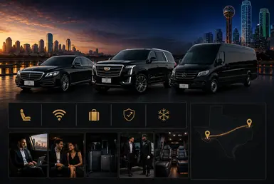 Luxury fleet lineup for long-distance Texas travel featuring a premium sedan, executive SUV, and Sprinter van with Lavish Ride branding, set against Houston and Dallas skyline backgrounds with upscale chauffeur transportation styling.