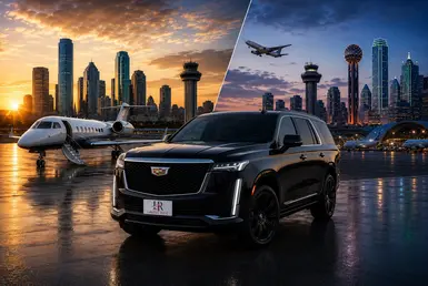Black Cadillac Escalade with the official Lavish Ride logo on the license plate parked beside a private jet at an airport with Houston and Dallas skylines in the background.