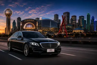 Black Mercedes-Benz S-Class with the official Lavish Ride logo on the license plate driving past iconic Dallas landmarks at sunset.