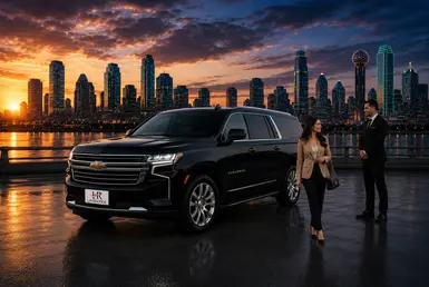 Black Chevrolet Suburban with the official Lavish Ride logo on the license plate parked in front of the Houston and Dallas skylines as a chauffeur welcomes a client after arrival.