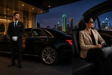 Luxury chauffeur standing beside a premium black sedan with Lavish Ride branding, representing professional chauffeur service, passenger safety, privacy, and discreet executive transportation against an upscale city backdrop.