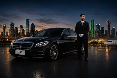 Luxury black sedan with Lavish Ride branding and professional chauffeur positioned between the Houston and Dallas skylines at night, promoting premium intercity transportation with minimal wording and upscale executive travel styling.