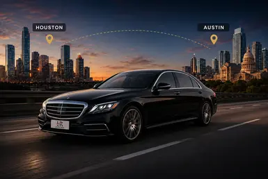 Luxury black sedan with Lavish Ride branding traveling between the Houston and Austin skylines at sunset, representing premium intercity chauffeur transportation with executive comfort, private travel, and professional service.