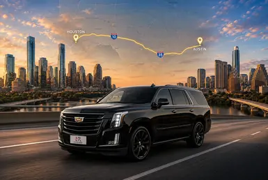 Luxury Cadillac Escalade with Lavish Ride branding positioned between the Houston and Austin skylines, illustrating a premium intercity route snapshot with executive SUV transportation, private chauffeur service, and travel distance.
