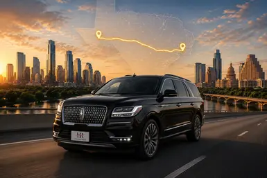 Black Lincoln Navigator with the Lavish Ride logo on the license plate driving between the Houston and Austin skylines beneath a Texas map highlighting the route.