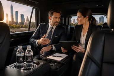 Business executive and secretary discussing work in the rear cabin of a luxury SUV with Lavish Ride branded water bottles during executive city-to-city transportation.