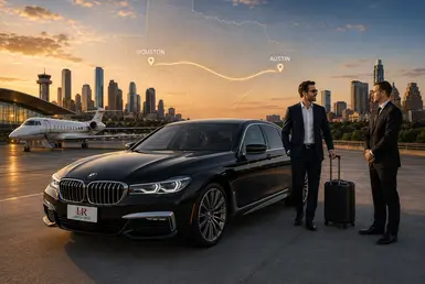 Black BMW 7 Series with the Lavish Ride logo on the license plate at an airport as a chauffeur welcomes a traveler, with a Texas map highlighting the Houston to Austin route.