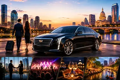 Luxury black sedan overlooking the Houston and Austin skylines with travelers and lifestyle scenes featuring business, entertainment, dining, and leisure.