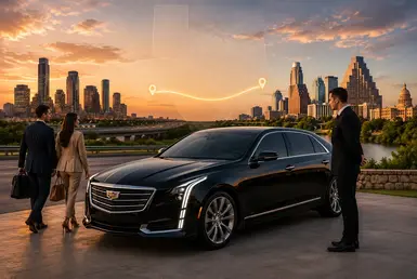 Luxury chauffeur welcoming business travelers beside a black executive sedan with a Texas map highlighting the Houston to Austin route.