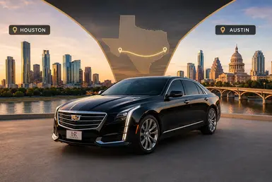 Luxury black executive sedan with Lavish Ride branding positioned between the Houston and Austin skylines at sunset, promoting private intercity transportation with elegant chauffeur service, upscale travel styling, and minimal wording.