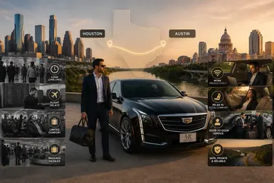 Business traveler beside a luxury sedan comparing the convenience of private Houston to Austin car service with air travel, featuring a Texas route map and Houston and Austin skylines.