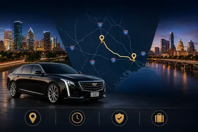 Black Cadillac luxury sedan with the Lavish Ride logo on the license plate in front of a Texas map highlighting routes between Houston, Austin, and surrounding destinations.