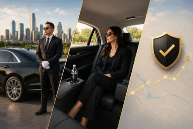 Professional chauffeur standing beside a luxury black sedan, a passenger relaxing in the rear cabin, and a security route map illustrating safe, reliable private transportation.