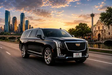 Black Cadillac Escalade with the Lavish Ride logo on the license plate driving between the Houston skyline and San Antonio landmarks at sunset.