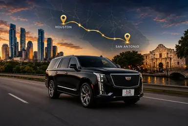 Black Cadillac Escalade with the Lavish Ride logo on the license plate driving between the Houston skyline and San Antonio landmarks beneath a Texas map highlighting the route.