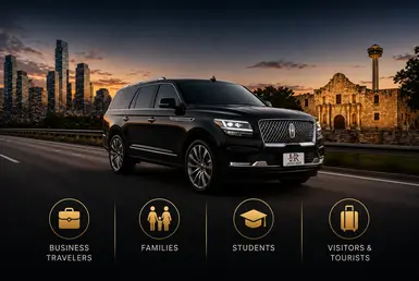 Black Lincoln Navigator with the Lavish Ride logo on the license plate driving between the Houston skyline and San Antonio landmarks, with icons representing business travelers, families, students, and visitors.