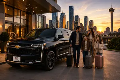 Black Chevrolet Suburban with the Lavish Ride logo on the license plate parked outside a luxury hotel as a family with luggage walks toward the entrance with a city skyline at sunset.
