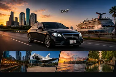 Black Mercedes-Benz sedan with the Lavish Ride logo driving past the Houston skyline and a cruise terminal.