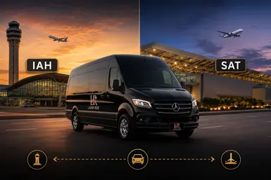 Black Mercedes-Benz Sprinter with the Lavish Ride logo on the side and license plate parked between IAH and SAT airport terminals, with airport code signs and aircraft overhead.