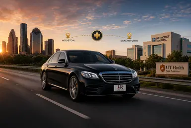 Black Mercedes-Benz sedan with the Lavish Ride logo on the license plate driving between Houston and San Antonio with hospital landmarks in the background.