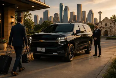 Black Chevrolet Suburban with the Lavish Ride logo on the license plate parked outside a luxury hotel as a chauffeur welcomes a business traveler with luggage.