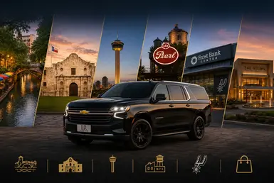 Black Chevrolet Suburban with the Lavish Ride logo on the license plate in front of San Antonio landmarks, including the River Walk, the Alamo, the Tower of the Americas, Pearl, Frost Bank Center, and The Shops at La Cantera.