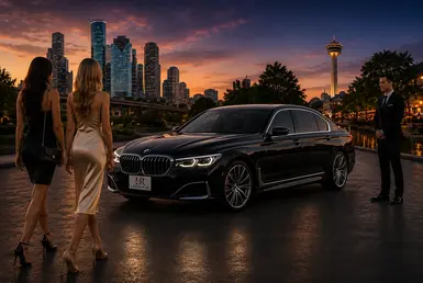 Black luxury sedan with the Lavish Ride logo on the license plate parked by a riverfront at sunset as two elegantly dressed women walk toward the vehicle and a professional chauffeur waits nearby.