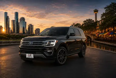 Black Ford Expedition with the Lavish Ride logo on the license plate parked between a modern city skyline and the San Antonio River Walk at sunset.