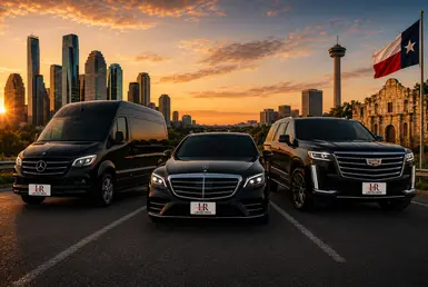 Black luxury van, sedan, and SUV with the Lavish Ride logo on their license plates parked in front of the Houston skyline and San Antonio landmarks at sunset.