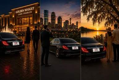 Three-panel collage showing a couple arriving at Golden Nugget Lake Charles, a business traveler beside a luxury sedan overlooking a city skyline, and a couple enjoying a lakeside sunset near a black luxury sedan.