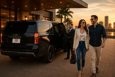 Luxury Chevrolet Suburban chauffeur SUV driving between Houston and Lake Charles at sunset, promoting private intercity car service over flights with benefits including door-to-door transportation, privacy, flexible scheduling, and no airport hassle.