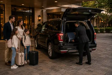 Professional chauffeur loading luggage into the open rear of a black Ford Expedition while a smiling family waits with suitcases outside a luxury hotel entrance at sunset.