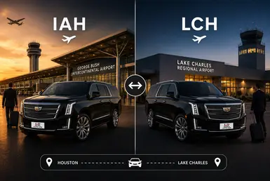 Luxury Lincoln Navigator airport transfer service between Houston IAH and Lake Charles Regional Airport, featuring private chauffeur transportation, executive travel, and long-distance airport rides.