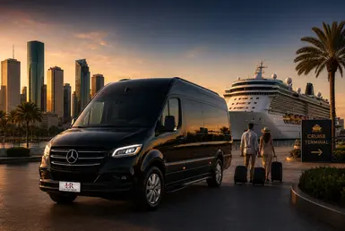 Luxury Mercedes-Benz Sprinter van providing Houston to cruise port and Gulf Coast transportation, featuring private chauffeur travel, cruise terminal access, waterfront scenery, and premium group transportation service.