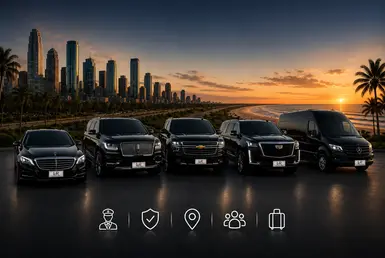 Luxury Gulf Coast transportation fleet featuring Mercedes S600, Lincoln Navigator, Chevrolet Suburban, Cadillac Escalade, and Sprinter van with Lavish Ride branding at sunset.