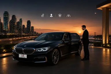 BMW 7 Series luxury chauffeur service between Houston and Lake Charles featuring professional private transportation, interstate travel reliability, privacy, and executive long-distance travel at sunset.