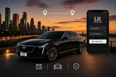 Luxury Houston to Lake Charles transportation booking image featuring a Cadillac sedan, mobile reservation app, private chauffeur service, and sunset city skyline for premium long-distance travel.