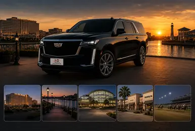 Cadillac Escalade SUV at Lake Charles waterfront during sunset, promoting luxury transportation to popular destinations including Golden Nugget Casino, Lake Charles Boardwalk, Civic Center, Prien Lake Mall, and Delta Downs Racetrack.