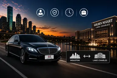 black executive sedan traveling between the Houston skyline and Lake Charles casino district at sunset, promoting private intercity chauffeur service for business trips, casino travel, and premium long-distance transportation.