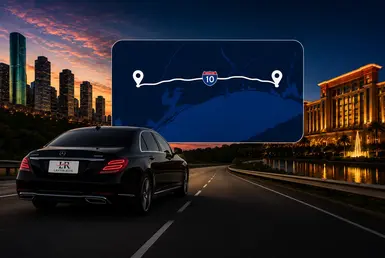 Black luxury sedan with the Lavish Ride logo on the license plate driving along Interstate 10 between the Houston skyline and Golden Nugget Lake Charles, with a route map displayed above the highway at sunset.