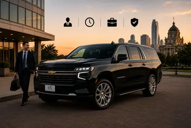 Black Chevrolet Suburban providing executive transportation between Houston and Victoria, featuring Lavish Ride branding, business travelers, corporate offices, and professional chauffeured service.