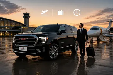 Black GMC Yukon providing airport transfers between Houston and Victoria, featuring Lavish Ride branding, private aviation facilities, airport terminals, business travelers, and luxury chauffeured transportation.